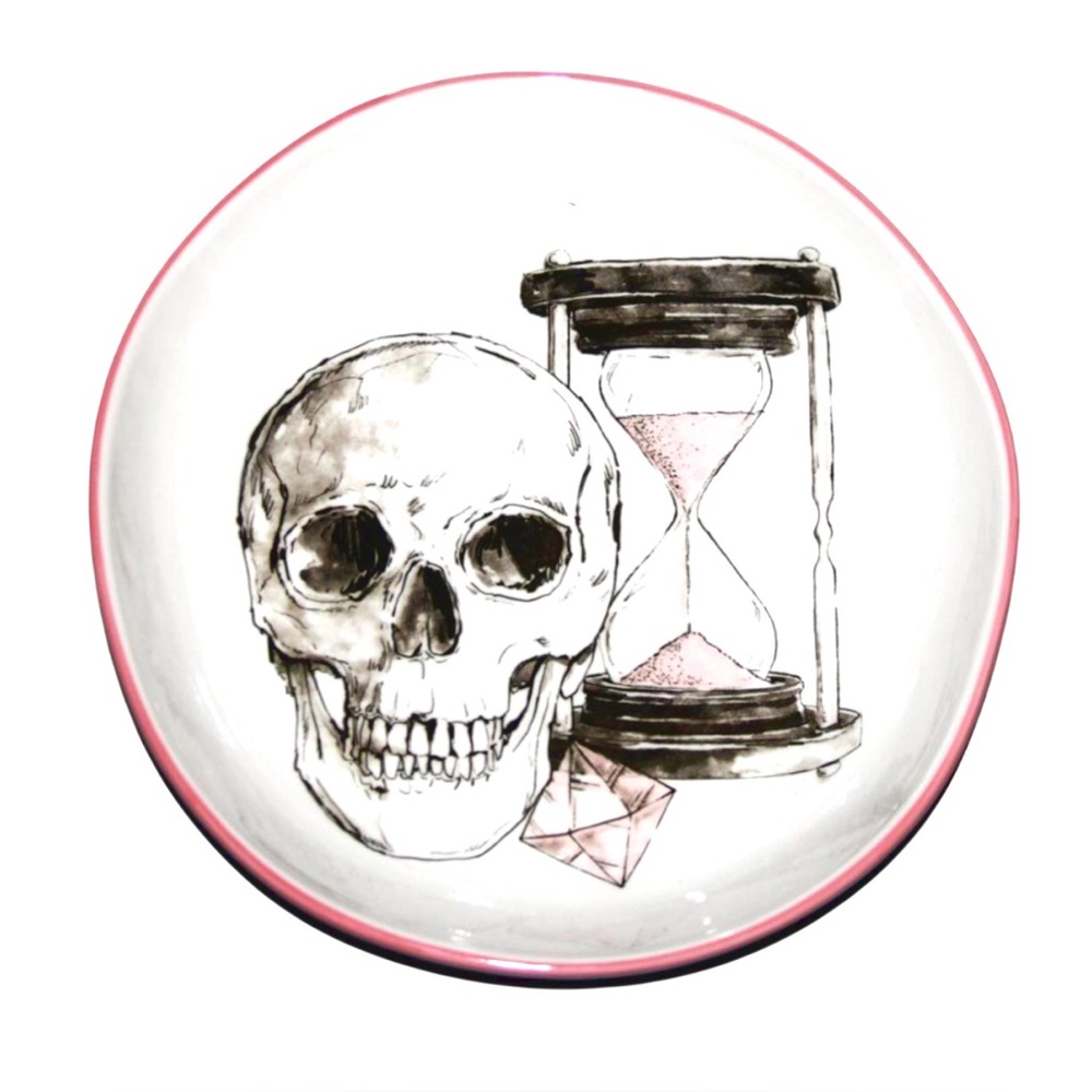 Skull Hourglass Bowl Serving Dish 10 Inch Pink Black Halloween Fig And Fern New